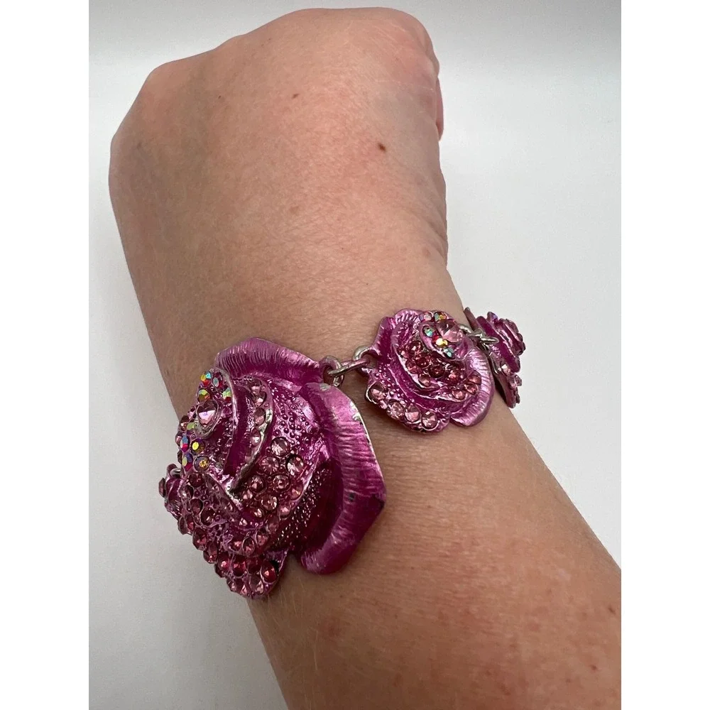 Pink Shimmery 3D Metal Flower Link Bracelet Y2K Coquette Boho Pink Metal